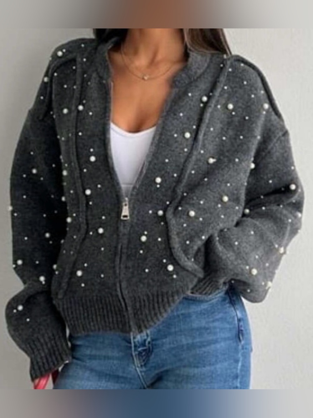 EDIT by Jason Wu Heather Gray Pearl Embellished Zip Cardigan size Medium